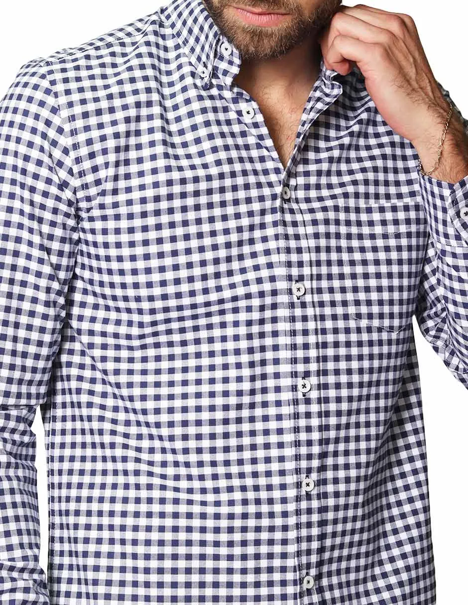 Camisas Para Hombre De Manga Larga Cuello Americano Con Estampado De Cuadros Slim Fit B41115 Marino