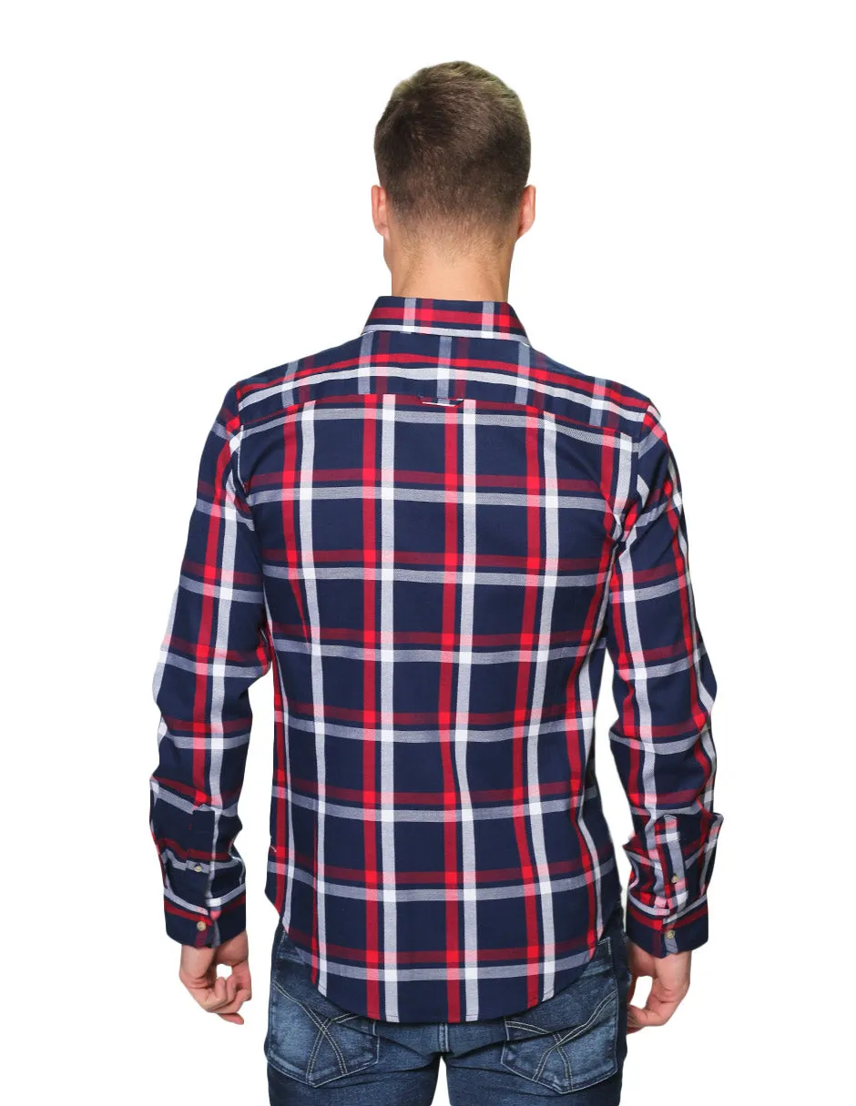 Camisas Para Hombre Manga Larga Cuadros Slim Fit B31102 Marino