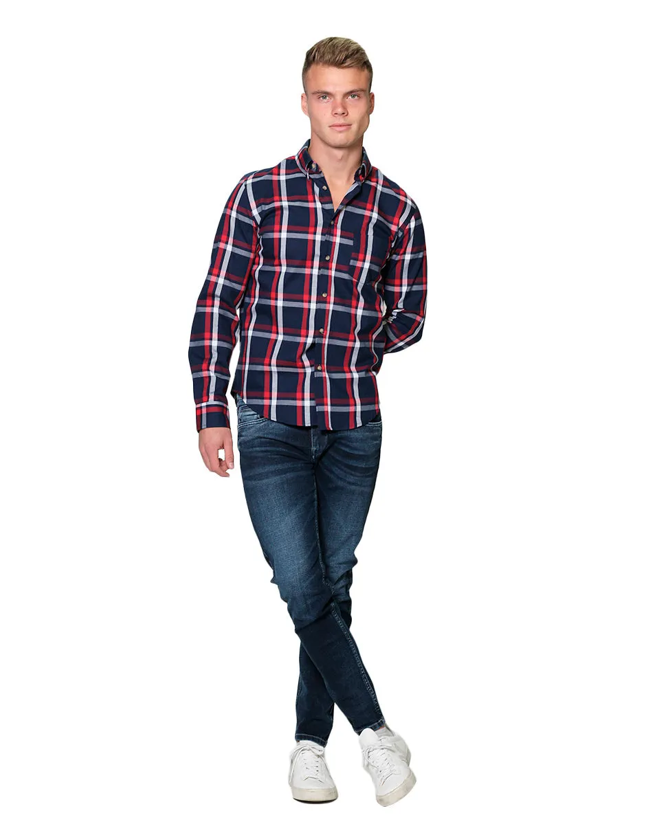 Camisas Para Hombre Manga Larga Cuadros Slim Fit B31102 Marino