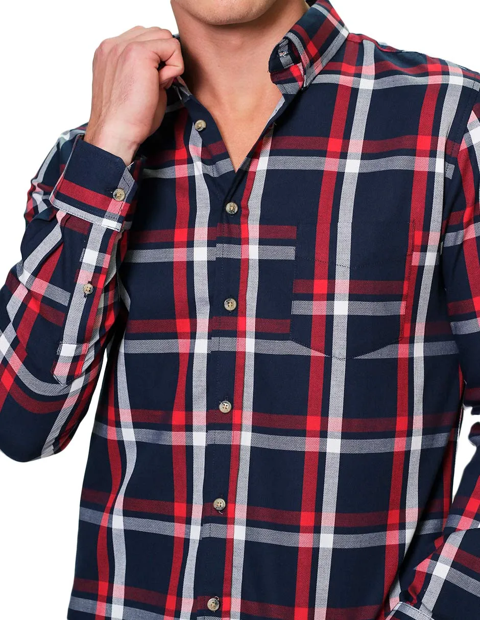 Camisas Para Hombre Manga Larga Cuadros Slim Fit B31102 Marino