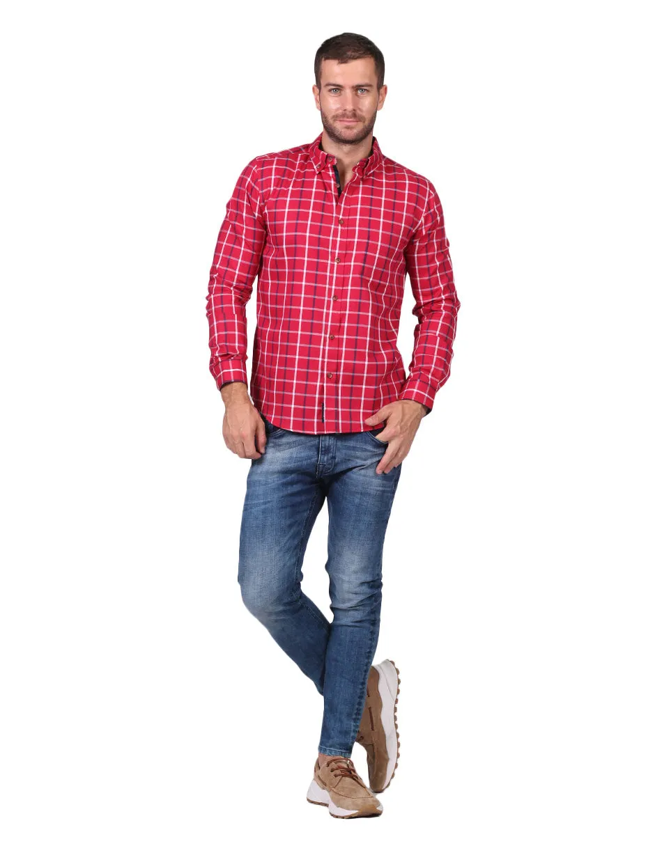 Camisas Para Hombre Manga Larga Cuadros Slim Fit Rojo B25108