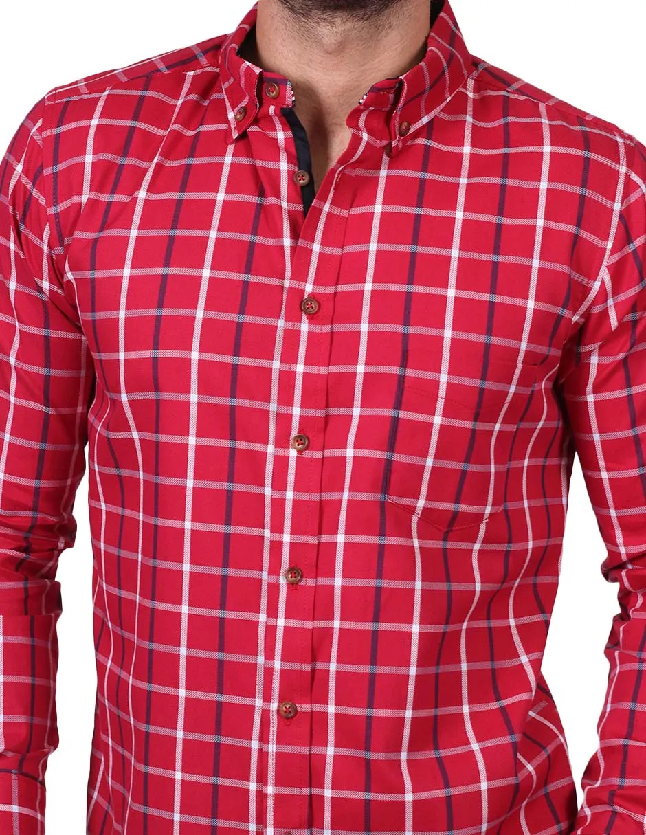Camisas Para Hombre Manga Larga Cuadros Slim Fit Rojo B25108