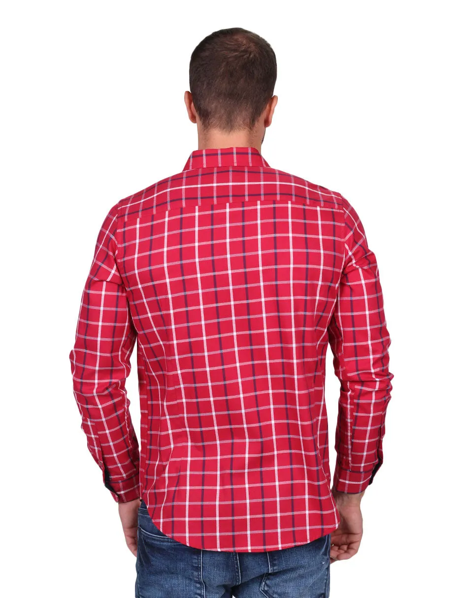 Camisas Para Hombre Manga Larga Cuadros Slim Fit Rojo B25108
