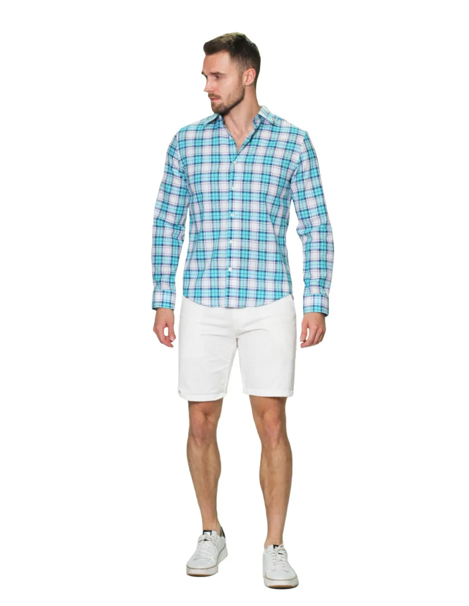 Camisas Para Hombre Manga Larga Cuadros Tipo Lino Slim Fit B31306 Verde