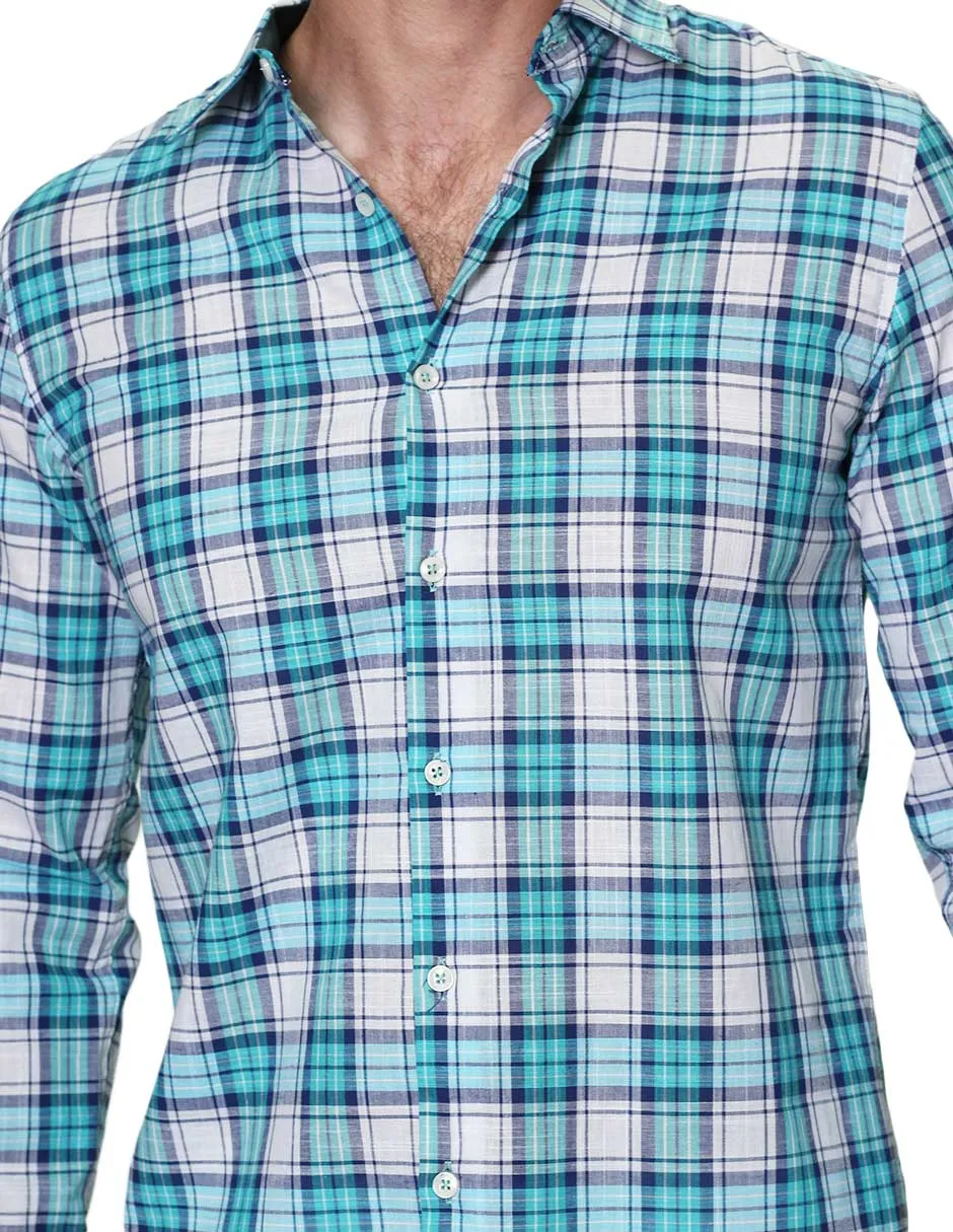 Camisas Para Hombre Manga Larga Cuadros Tipo Lino Slim Fit B31306 Verde