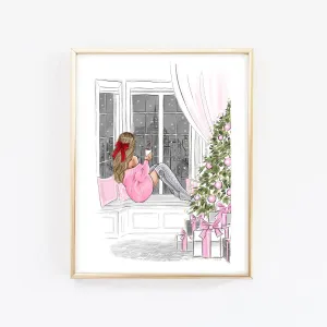 Christmas art fashion illustration of a girl on the window and Christmas tree