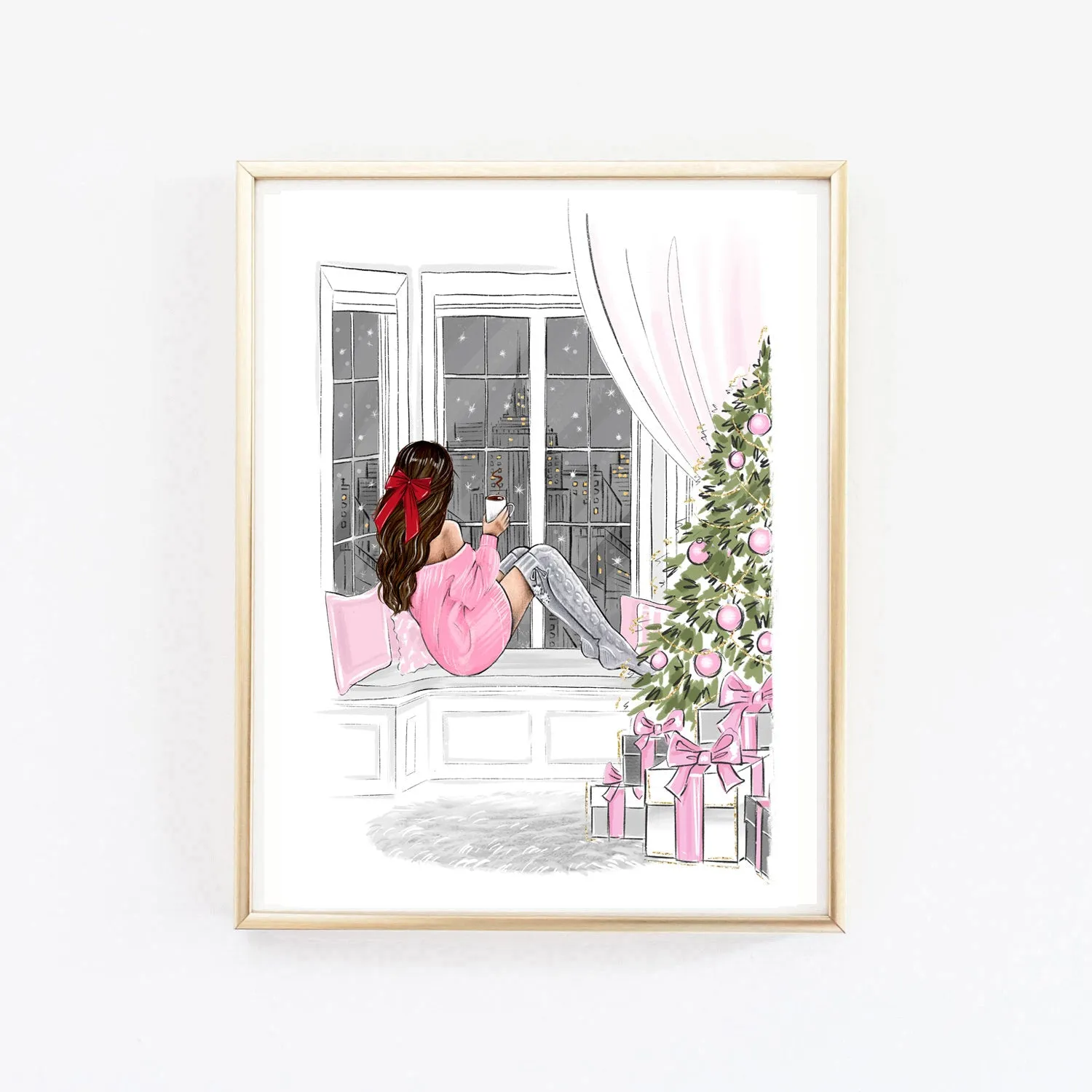 Christmas art fashion illustration of a girl on the window and Christmas tree