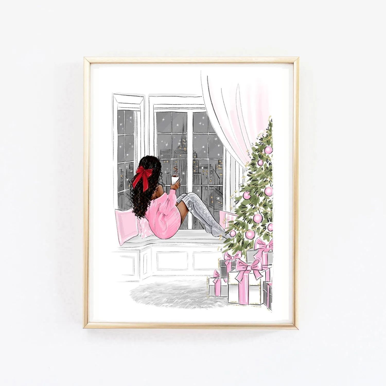 Christmas art fashion illustration of a girl on the window and Christmas tree