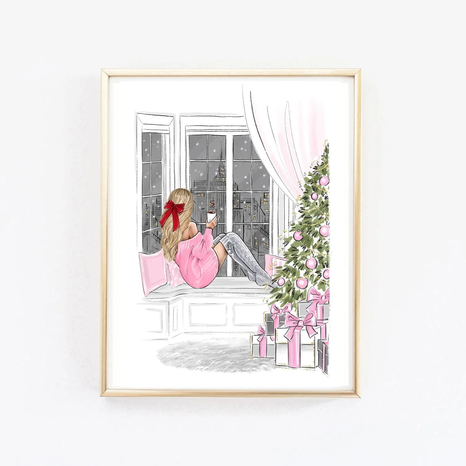Christmas art fashion illustration of a girl on the window and Christmas tree