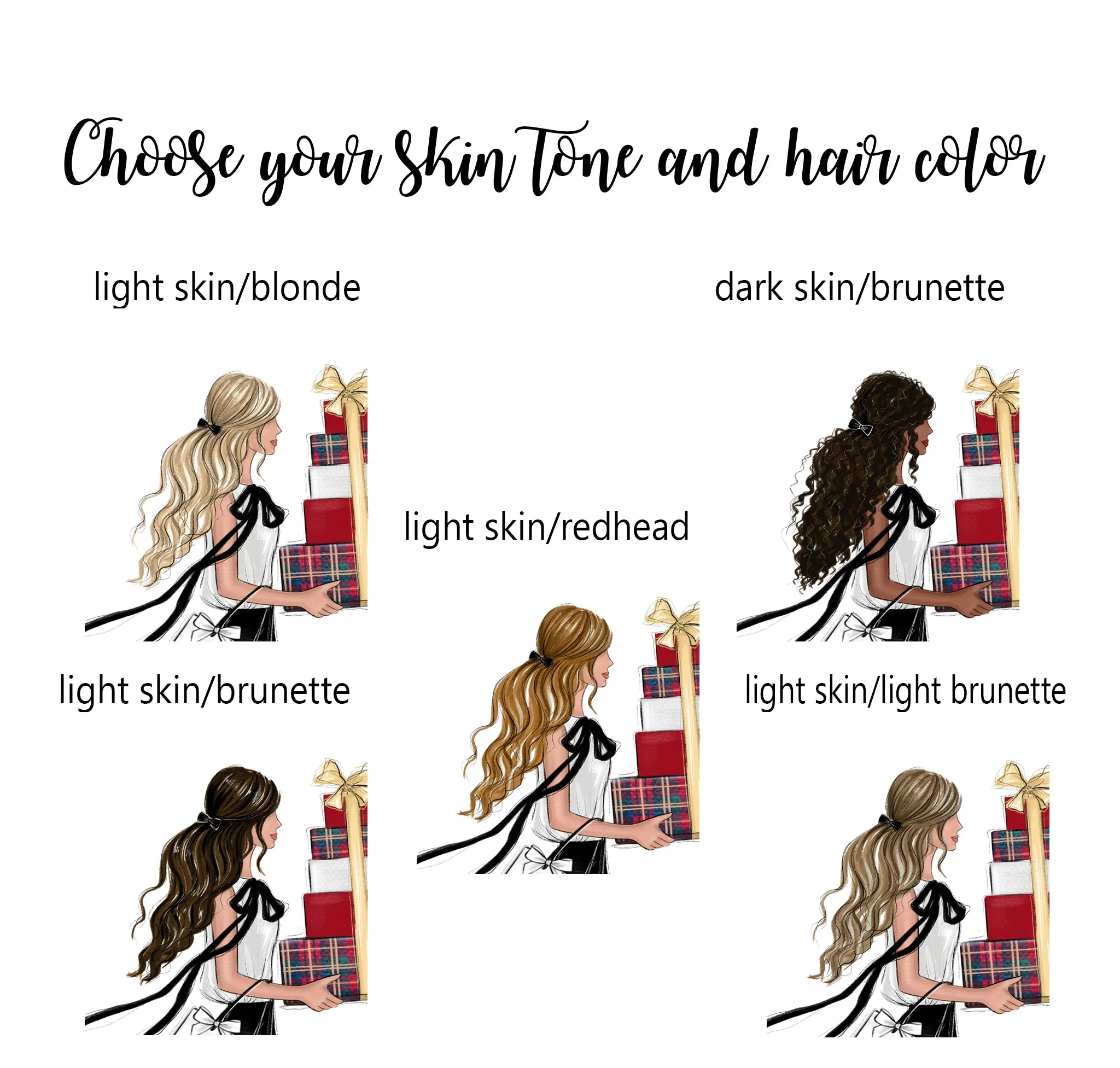 Christmas art fashion illustration of a sassy girl with gifts