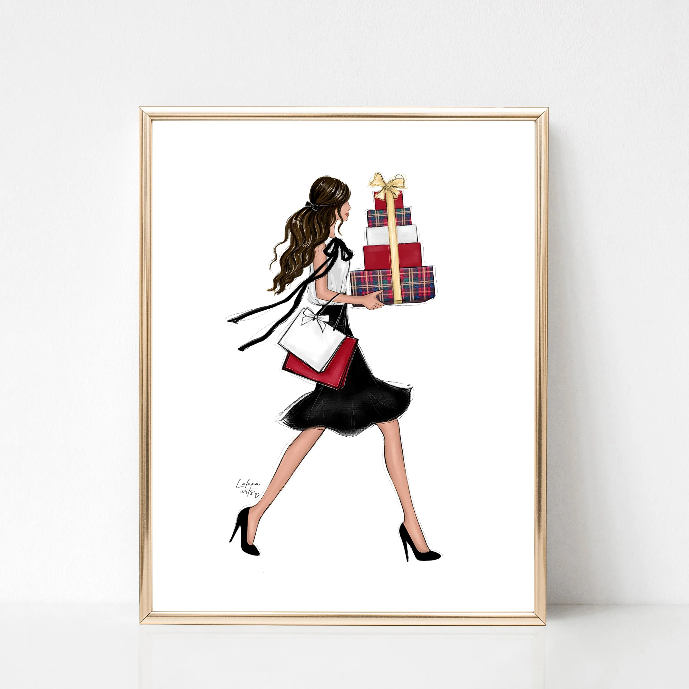 Christmas art fashion illustration of a sassy girl with gifts