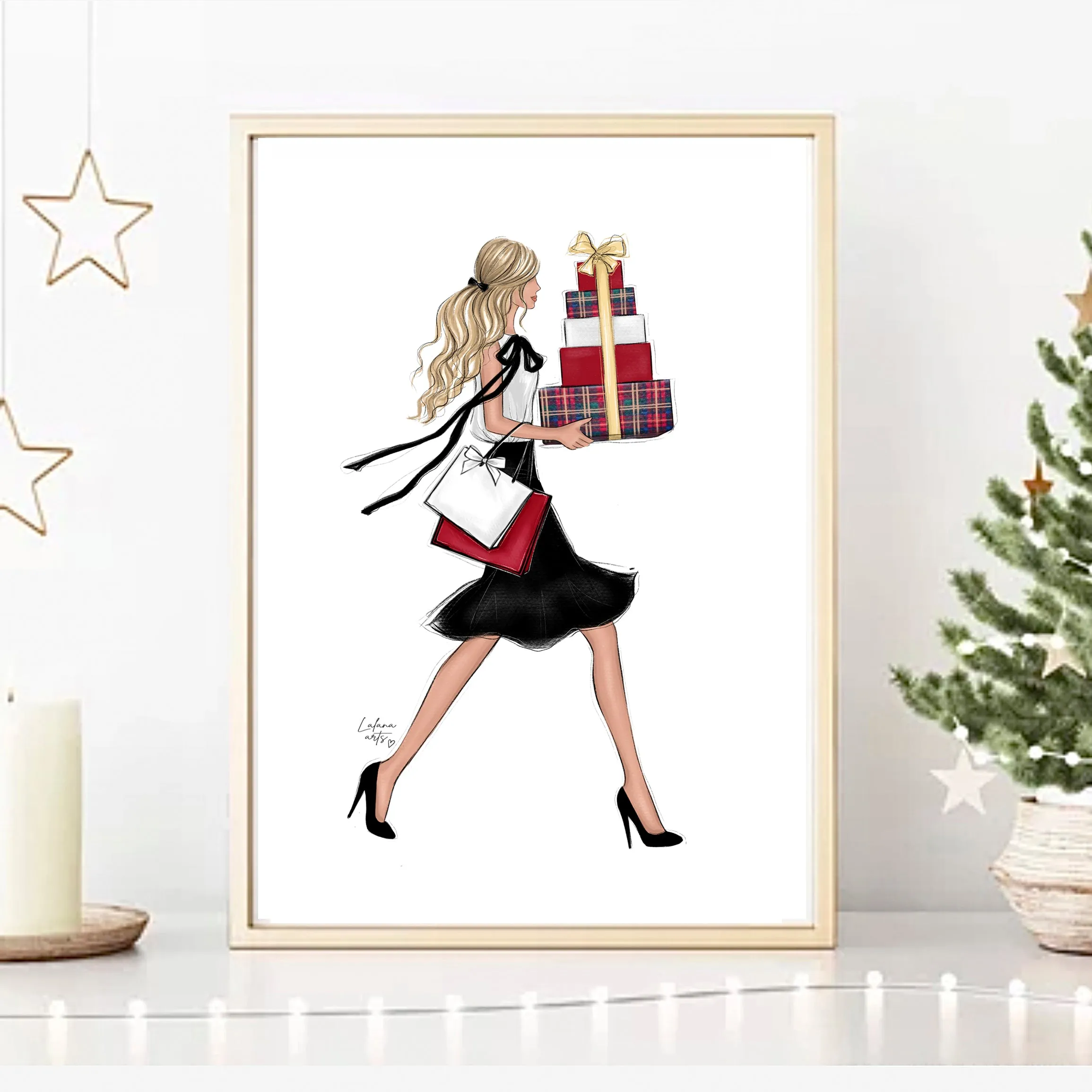 Christmas art fashion illustration of a sassy girl with gifts