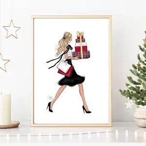 Christmas art fashion illustration of a sassy girl with gifts