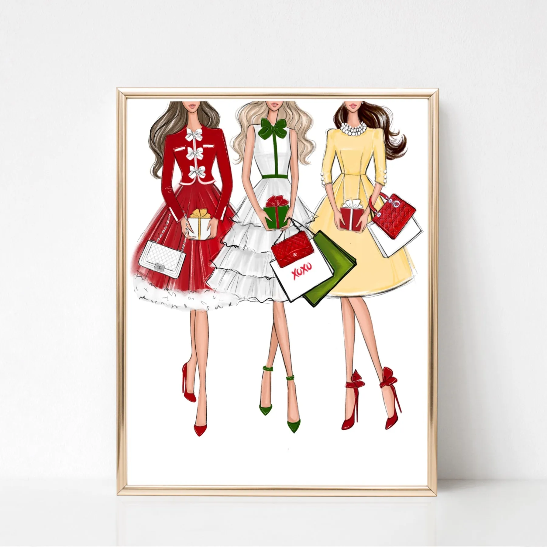 Christmas art fashion illustration of a sassy girls with gifts