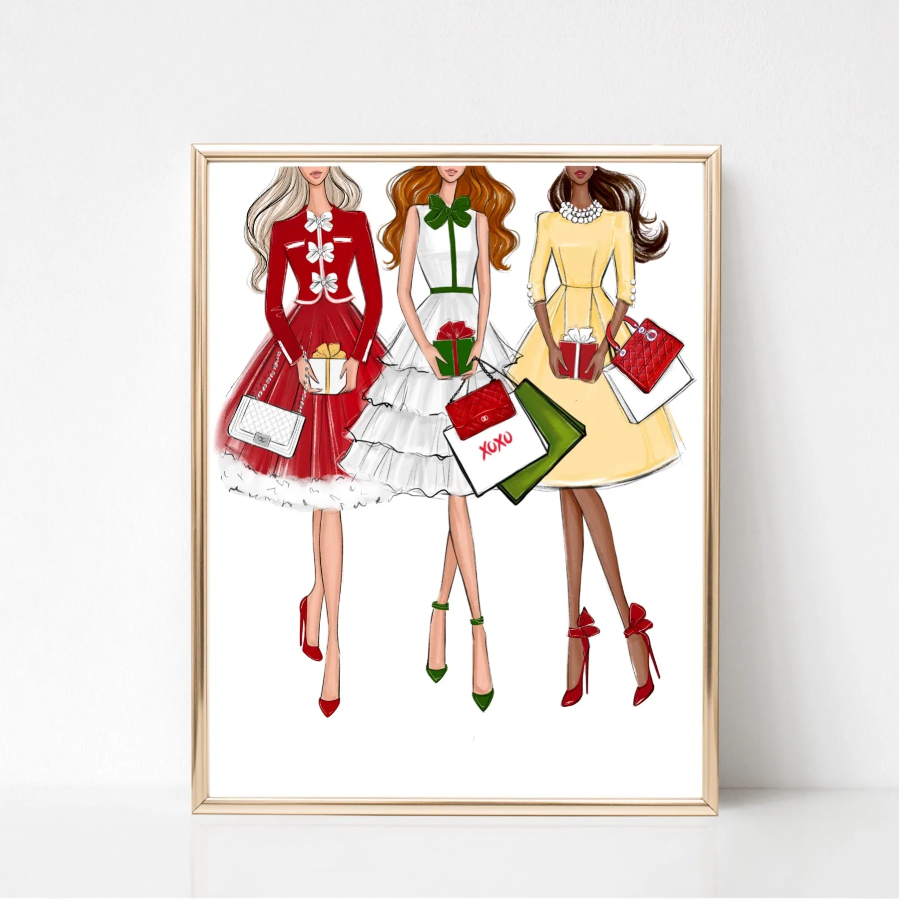Christmas art fashion illustration of a sassy girls with gifts