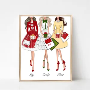 Christmas art fashion illustration of a sassy girls with gifts