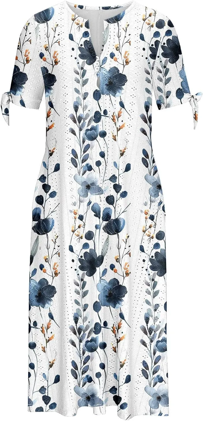 Finelylove Long Maxi Dresses for Women 2025 Trendy Floral Eyelet Short Sleeve Tshirt Dress Casual Boho Summer Beach Sundress