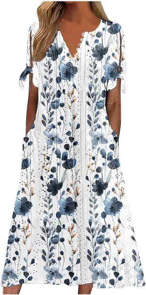 Finelylove Long Maxi Dresses for Women 2025 Trendy Floral Eyelet Short Sleeve Tshirt Dress Casual Boho Summer Beach Sundress