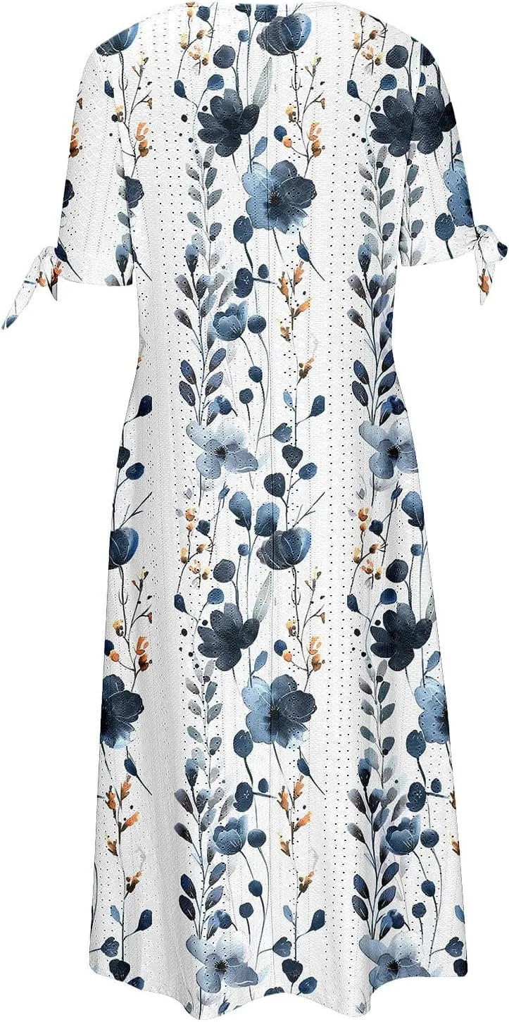 Finelylove Long Maxi Dresses for Women 2025 Trendy Floral Eyelet Short Sleeve Tshirt Dress Casual Boho Summer Beach Sundress