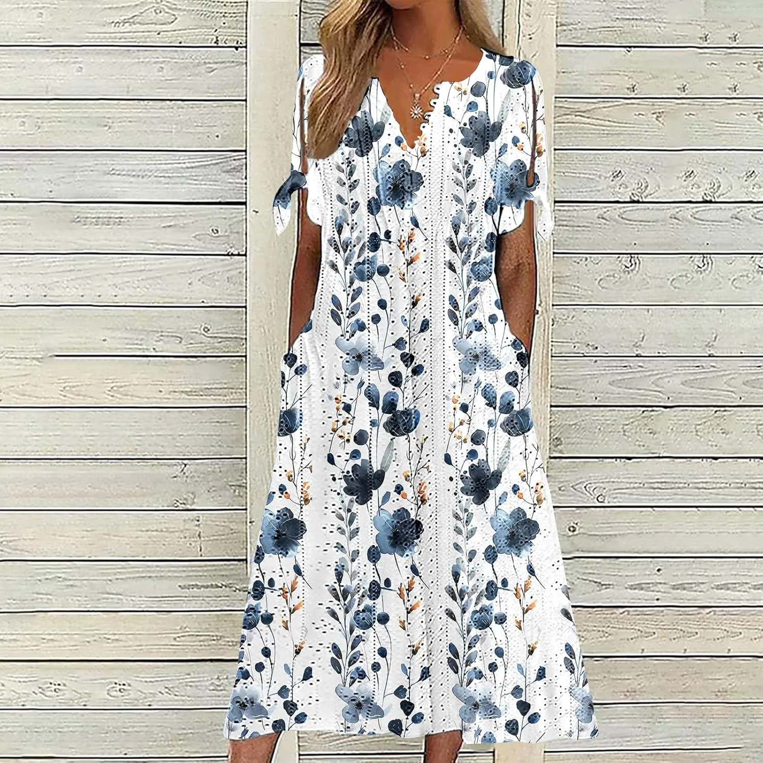 Finelylove Long Maxi Dresses for Women 2025 Trendy Floral Eyelet Short Sleeve Tshirt Dress Casual Boho Summer Beach Sundress