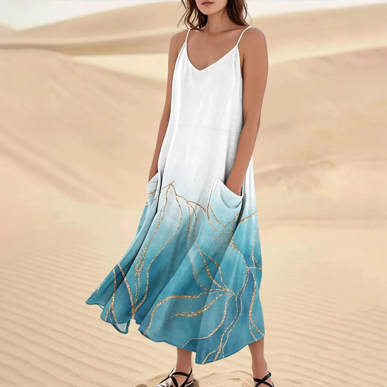 FlekmanArt Women's Summer Cotton Linen Long Maxi Dress Spaghetti Strap Sleeveless Casual Party Beach Dresses with Pockets