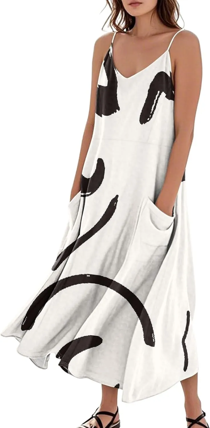 FlekmanArt Women's Summer Cotton Linen Long Maxi Dress Spaghetti Strap Sleeveless Casual Party Beach Dresses with Pockets