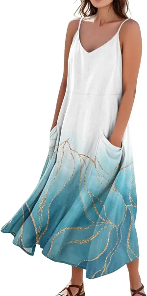 FlekmanArt Women's Summer Cotton Linen Long Maxi Dress Spaghetti Strap Sleeveless Casual Party Beach Dresses with Pockets