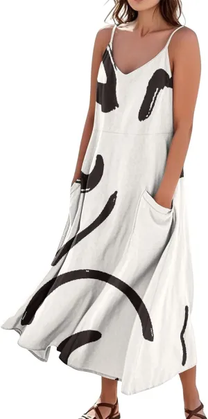 FlekmanArt Women's Summer Cotton Linen Long Maxi Dress Spaghetti Strap Sleeveless Casual Party Beach Dresses with Pockets