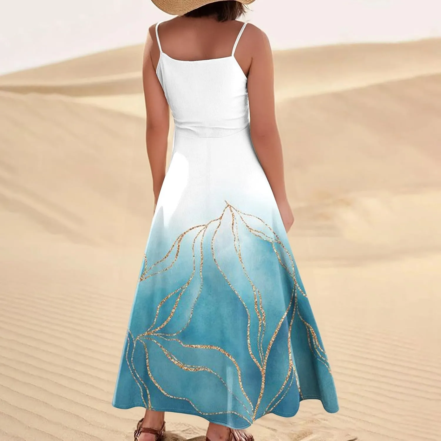 FlekmanArt Women's Summer Cotton Linen Long Maxi Dress Spaghetti Strap Sleeveless Casual Party Beach Dresses with Pockets
