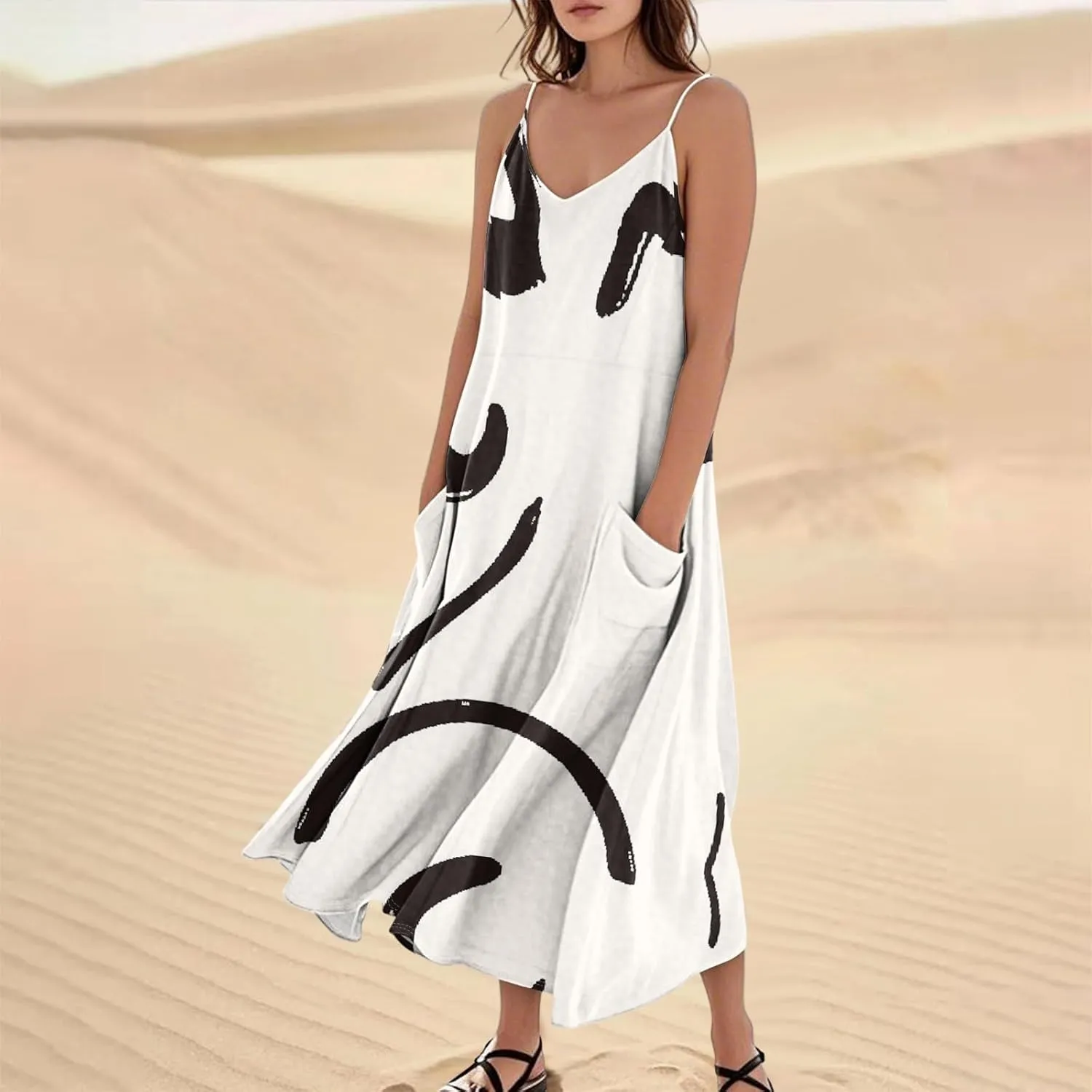 FlekmanArt Women's Summer Cotton Linen Long Maxi Dress Spaghetti Strap Sleeveless Casual Party Beach Dresses with Pockets