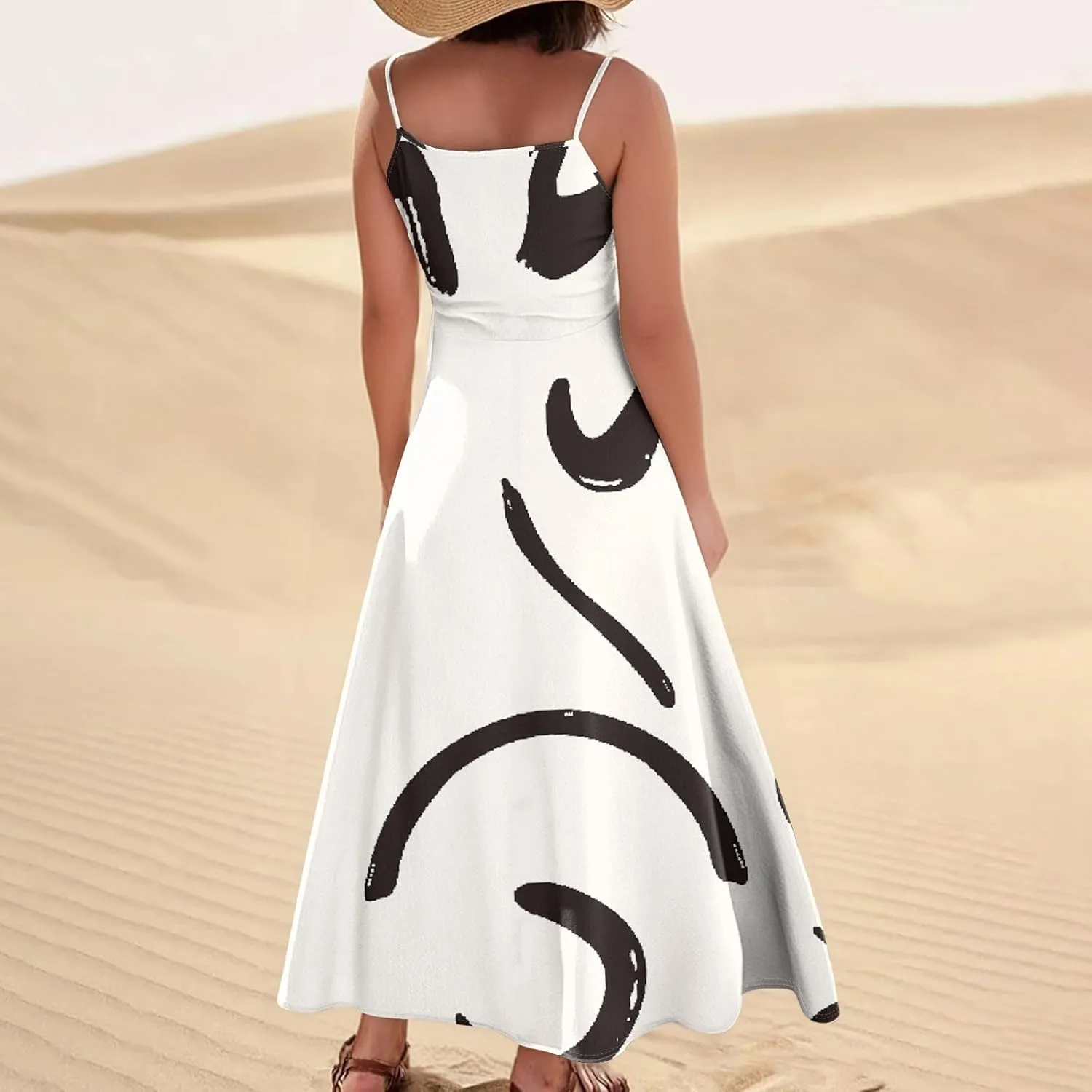 FlekmanArt Women's Summer Cotton Linen Long Maxi Dress Spaghetti Strap Sleeveless Casual Party Beach Dresses with Pockets
