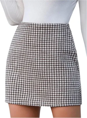 Floerns Women's Casual Houndstooth Print Straight A-Line Zipper Bodycon Mini Skirt