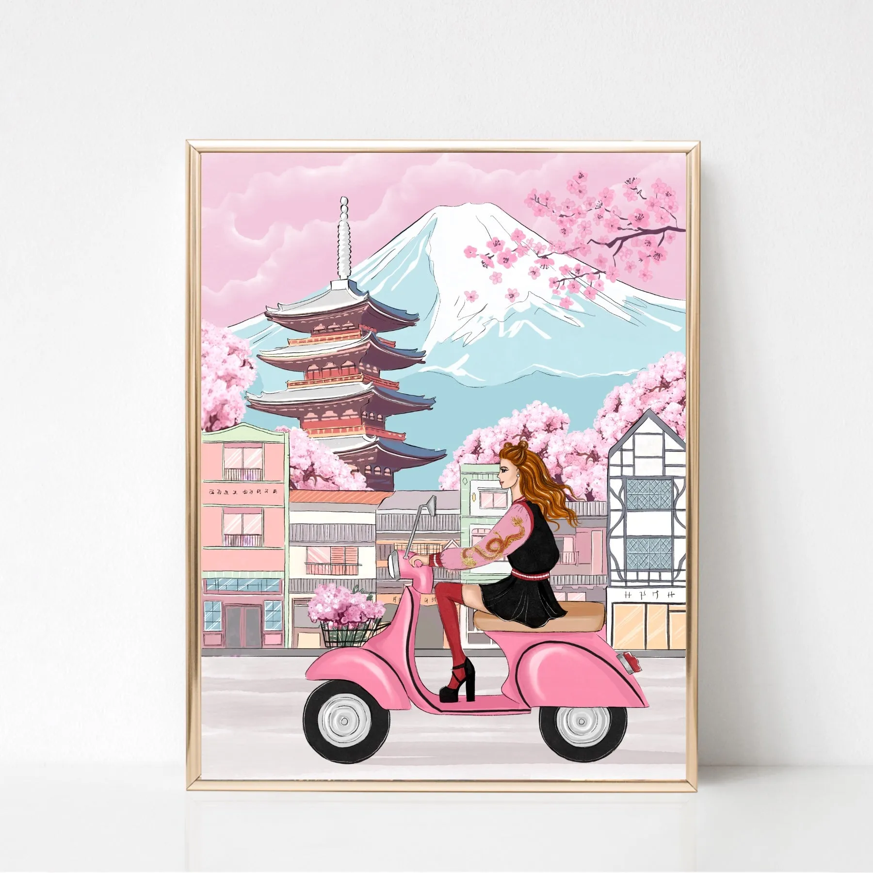 Girl on vespa in Japan art print fashion illustration