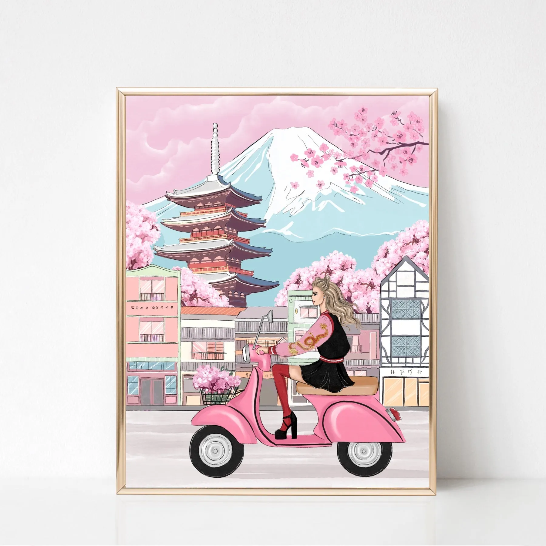 Girl on vespa in Japan art print fashion illustration