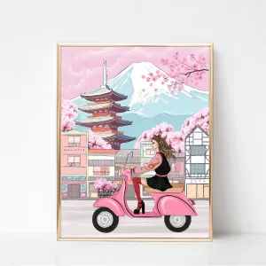 Girl on vespa in Japan art print fashion illustration