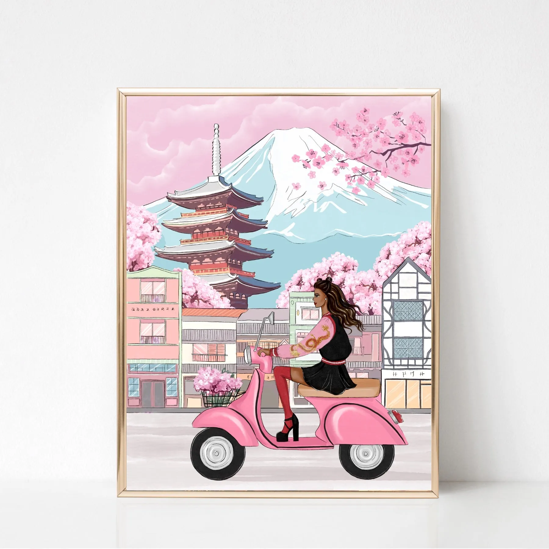Girl on vespa in Japan art print fashion illustration