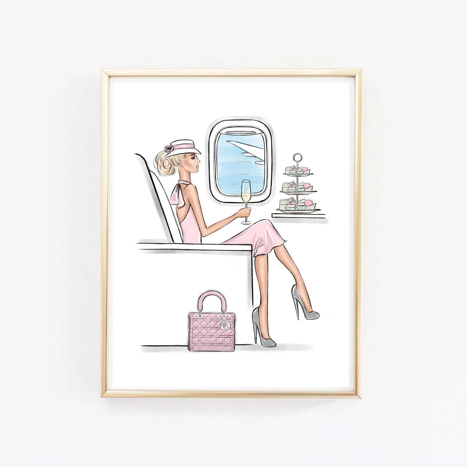 Girl traveling in style by airplane art print fashion illustration