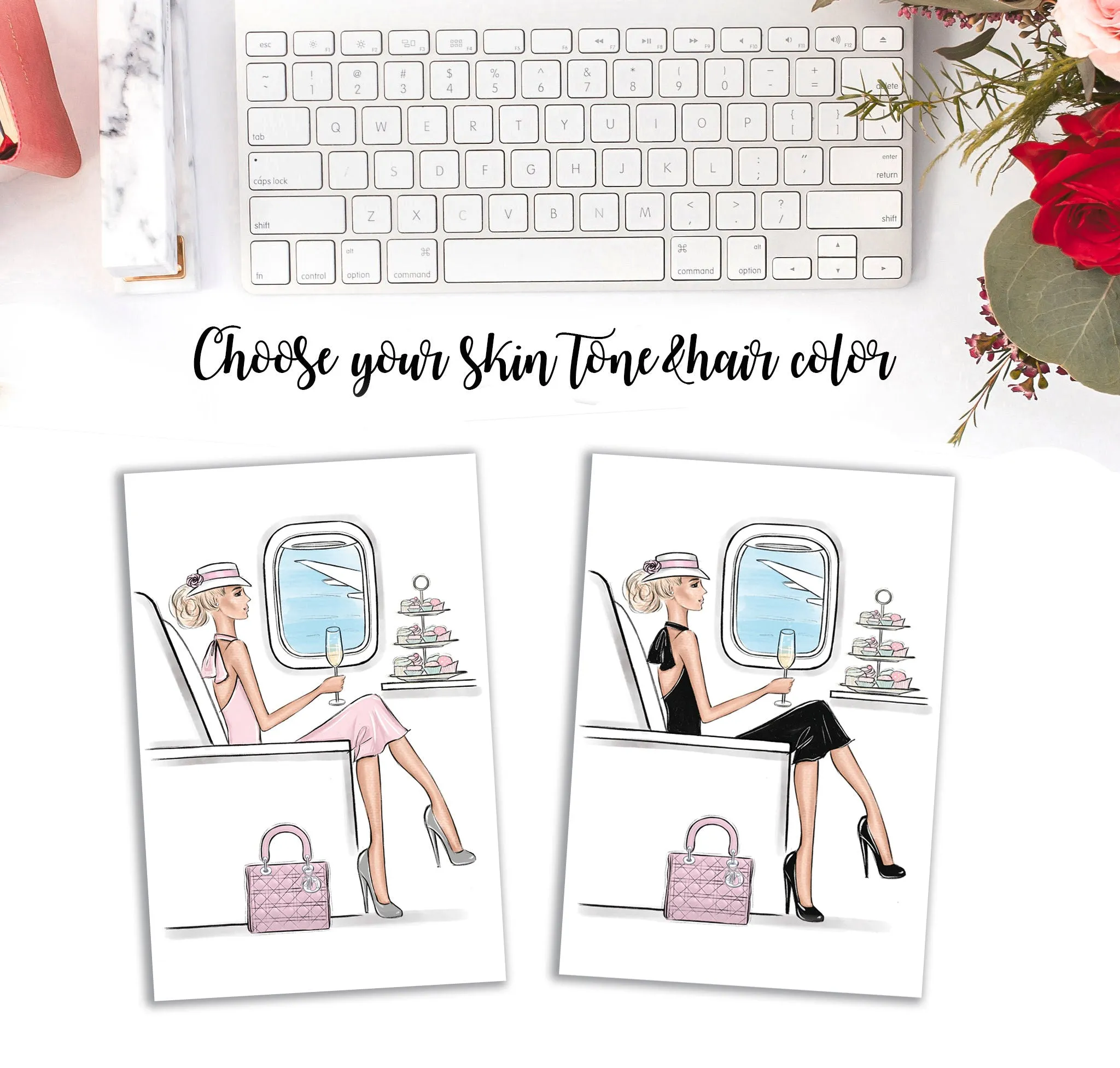 Girl traveling in style by airplane art print fashion illustration