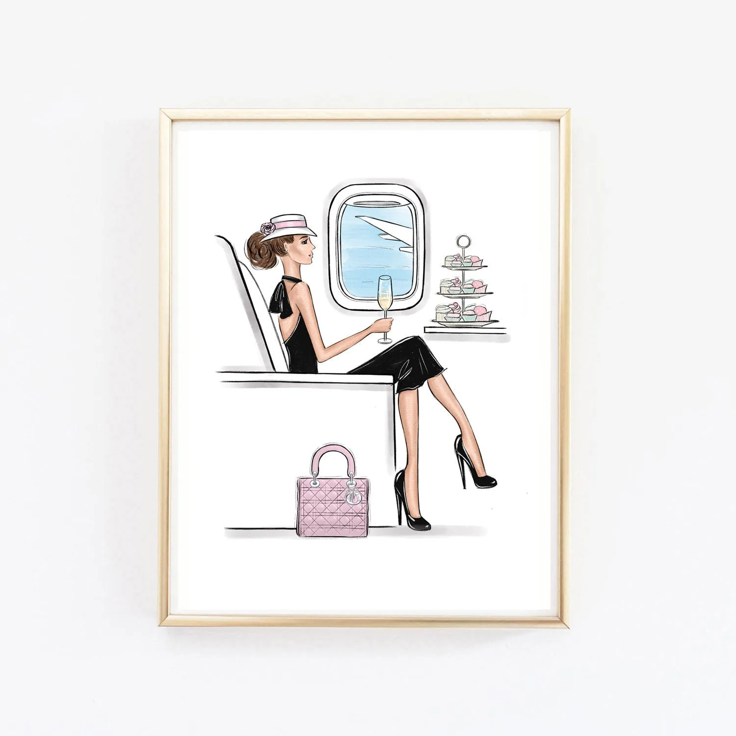 Girl traveling in style by airplane art print fashion illustration