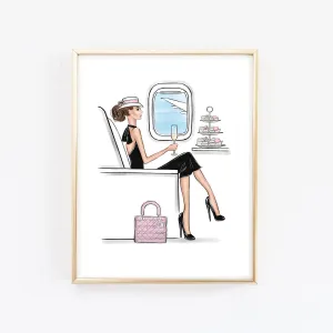 Girl traveling in style by airplane art print fashion illustration