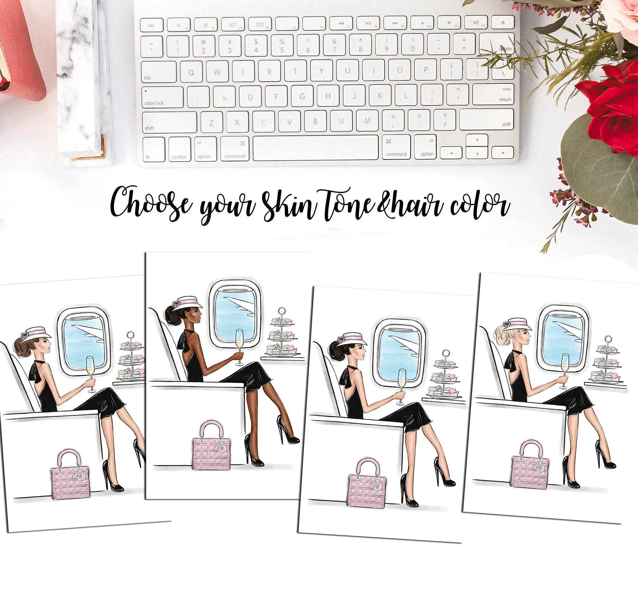 Girl traveling in style by airplane art print fashion illustration
