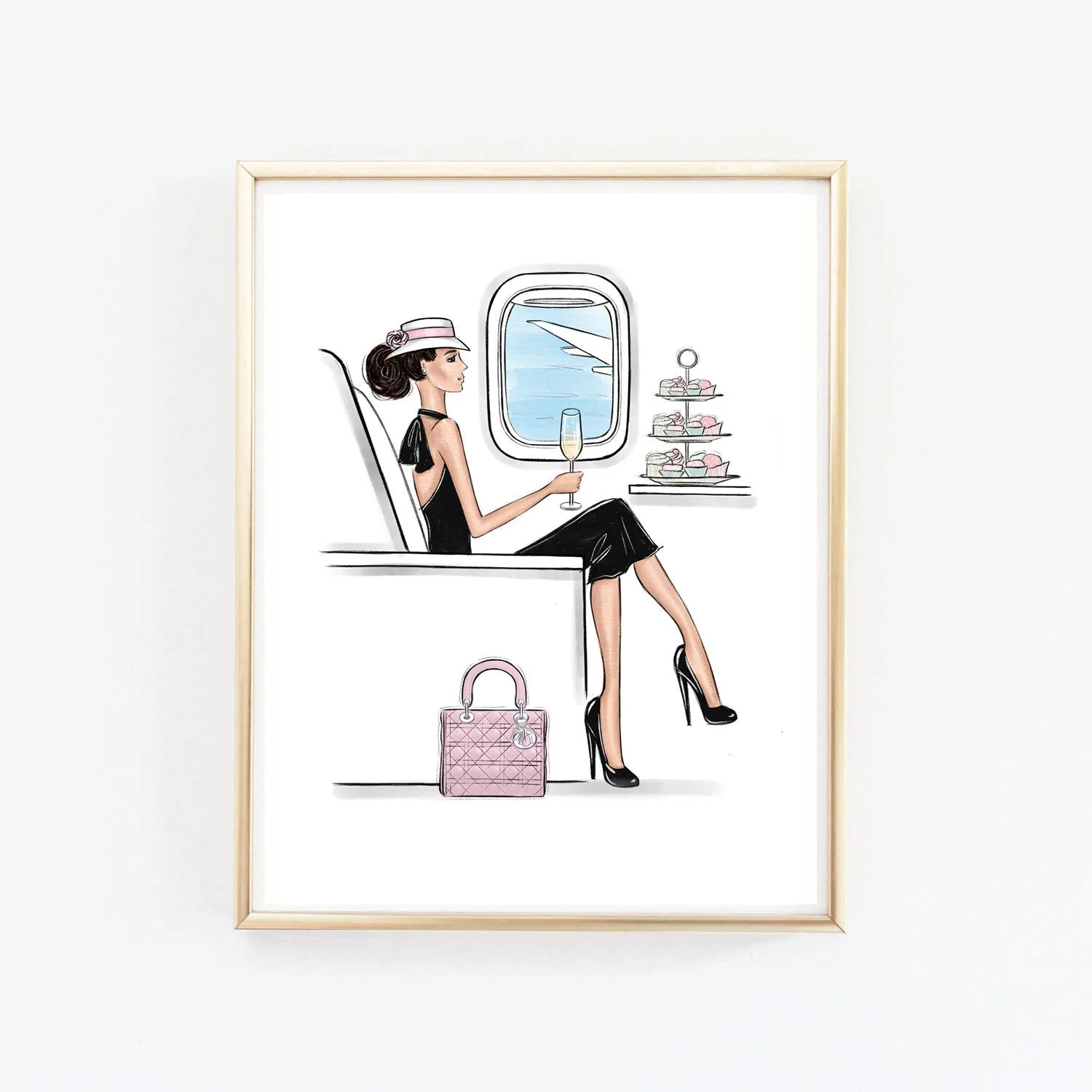 Girl traveling in style by airplane art print fashion illustration