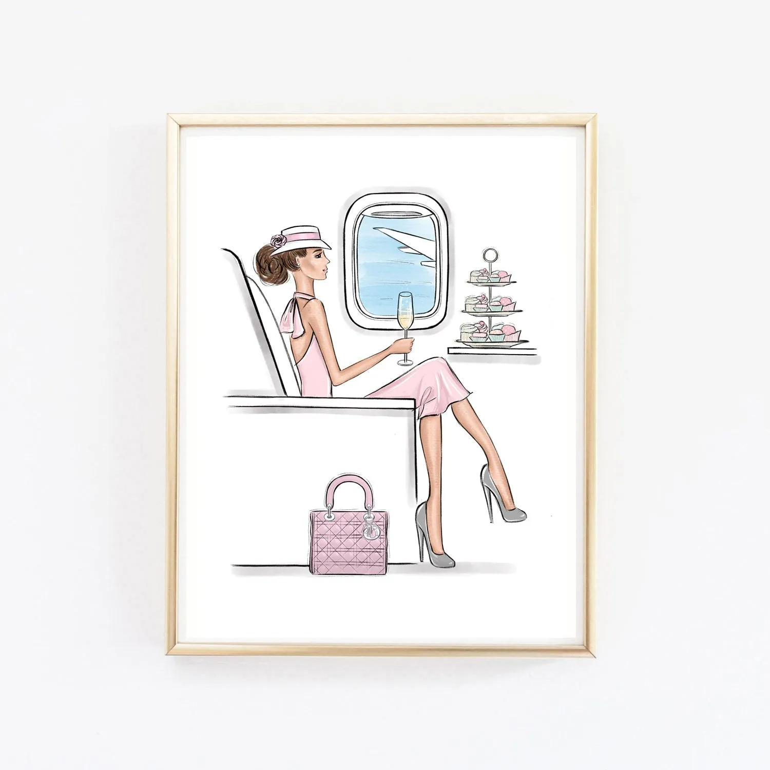 Girl traveling in style by airplane art print fashion illustration