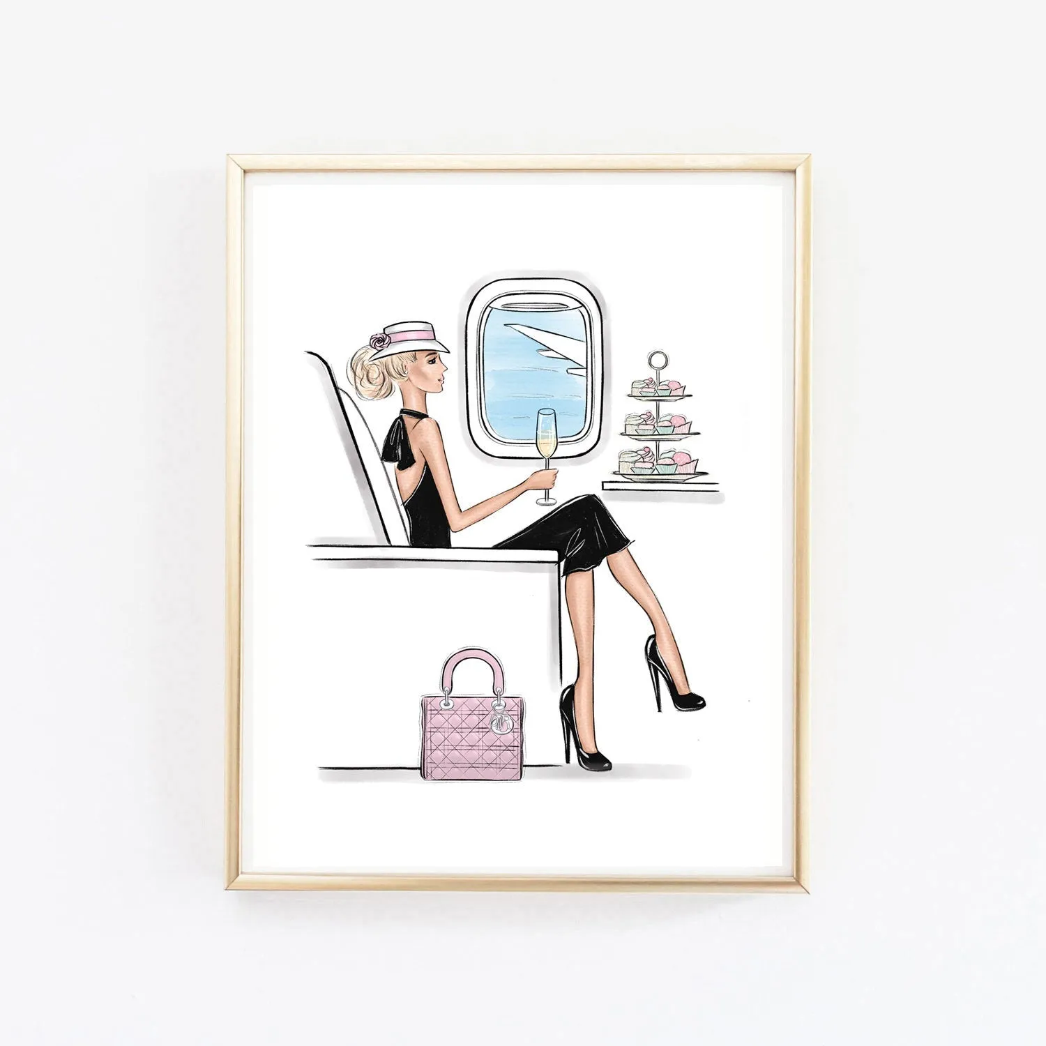 Girl traveling in style by airplane art print fashion illustration