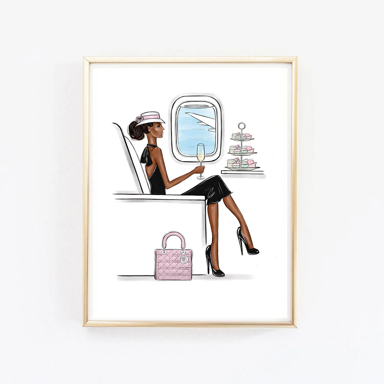 Girl traveling in style by airplane art print fashion illustration