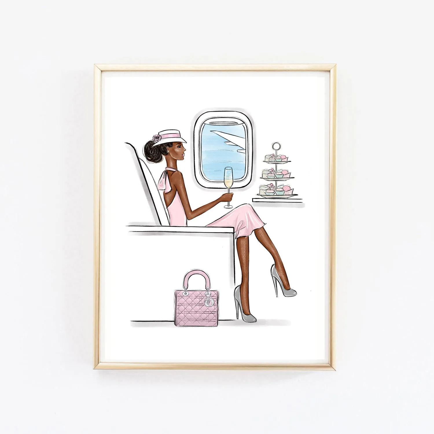 Girl traveling in style by airplane art print fashion illustration