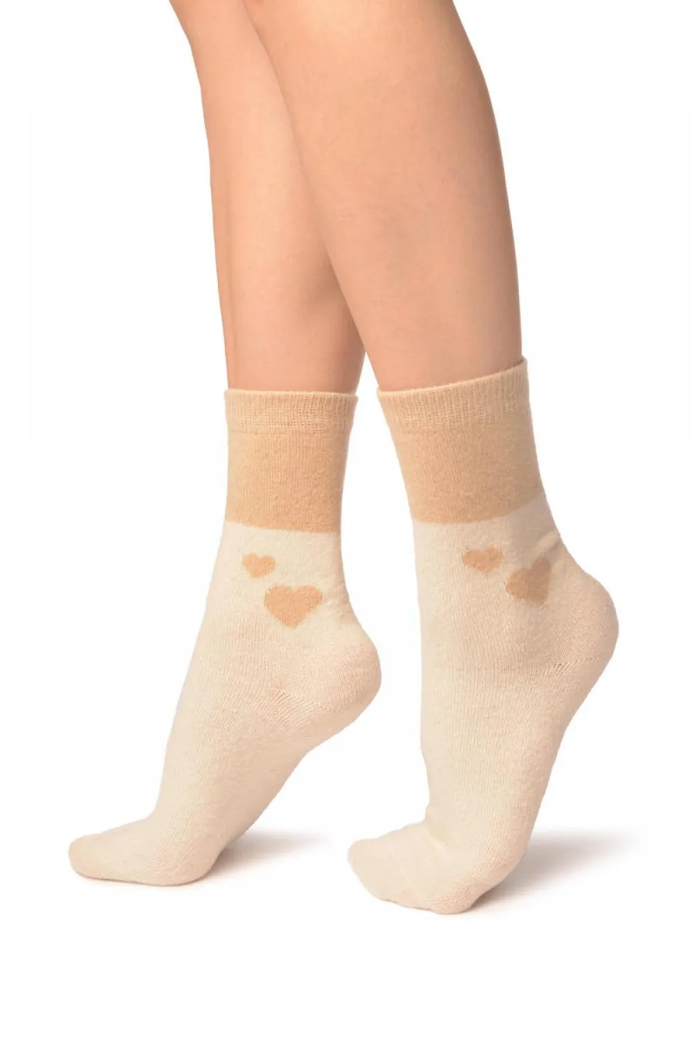 Hearts On Beige Angora Ankle High Socks