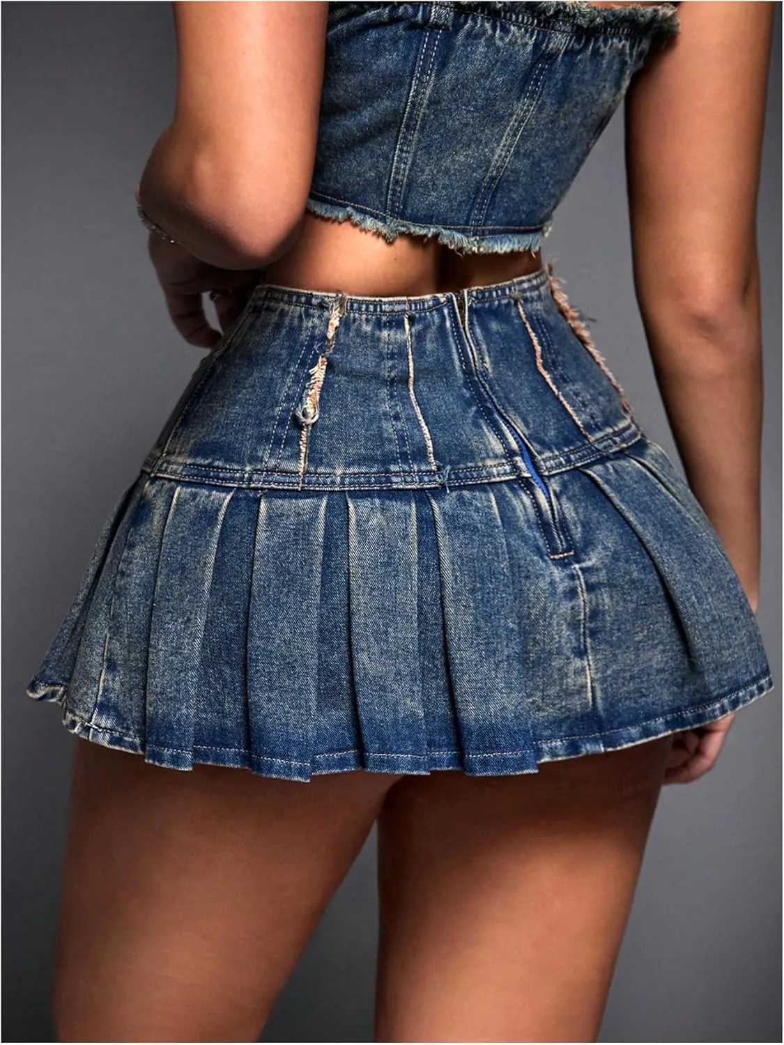 MakeMeChic Women's Denim Skirt Frayed Pleated A Line Y2K Mini Jean Skirts