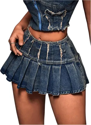 MakeMeChic Women's Denim Skirt Frayed Pleated A Line Y2K Mini Jean Skirts