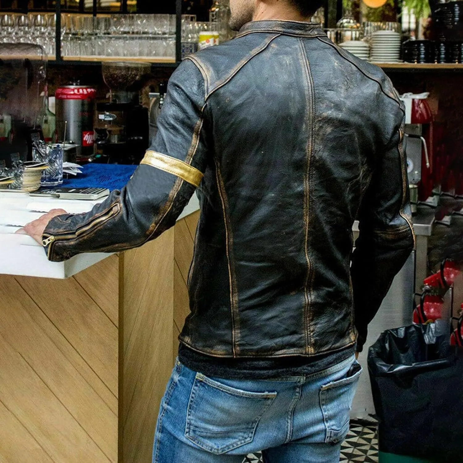 Mens Distressed PU Leather Bomber Jackets Vintage Stand Collar Zip-Up Motorcycle Jackets Steampunk Biker Outwear Coat